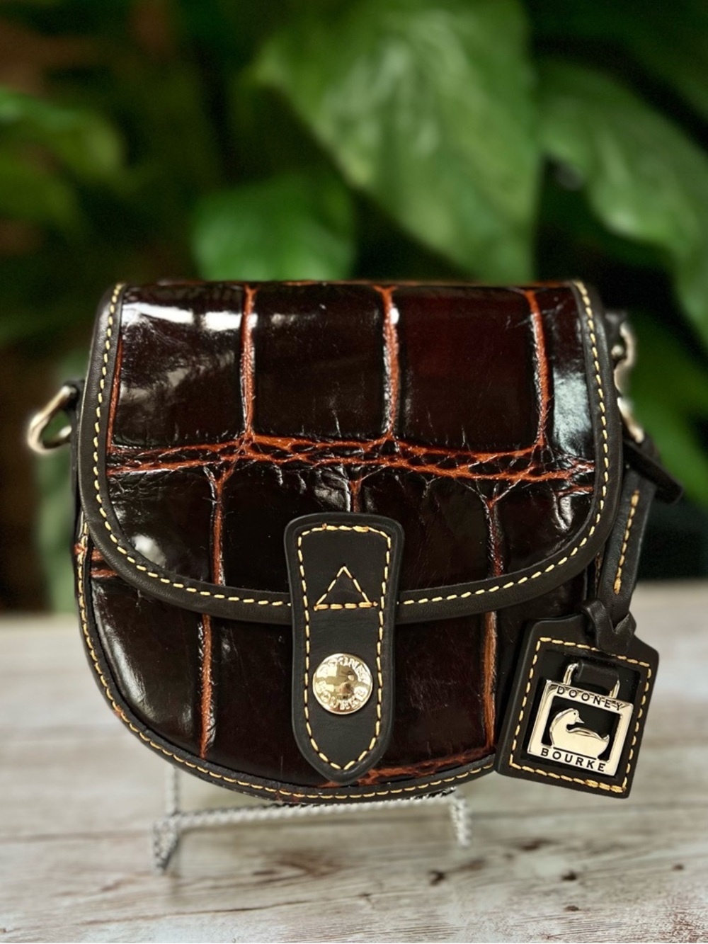 Dooney & Bourke Dark Brown Croc-Embossed Leather Crossbody with Tan Stitching